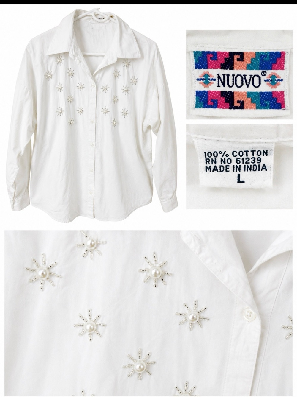 OVO White Cotton Button-Down Shirt with Pearl Star Embellishments